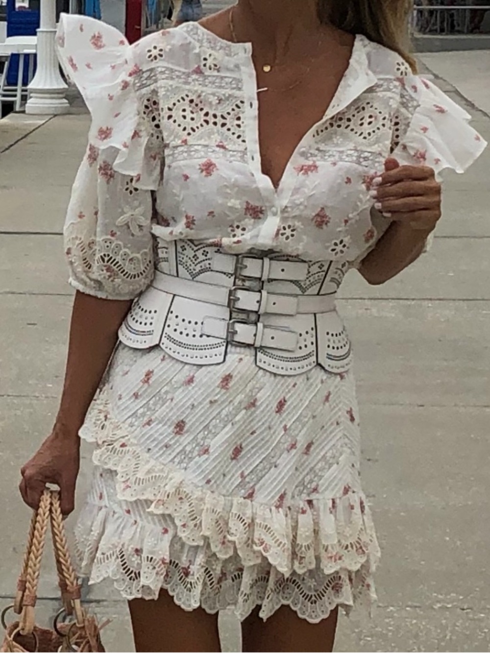 LoveShackFancy White Eyelet Mini Dress with Pink Floral Accents